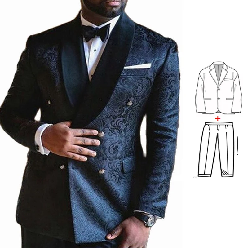 New Floral Jacquard Men's Suit Slim Fit Double Breasted Wedding Tuxedo for Groomsmen Black Shawl Lapel Male Fashion Set Costume