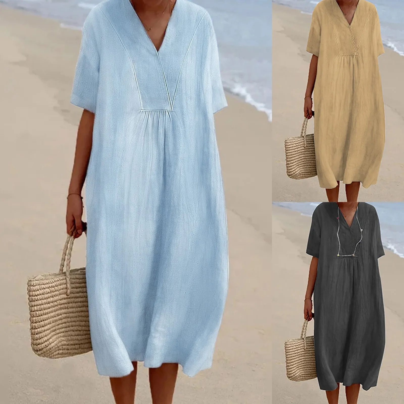 

Женское повседневное однотонное платье с коротким рукавом, летнее макси-платье для женщин с v-образным вырезом и коротким рукавом, повседневное свободное пляжное вечерние платье