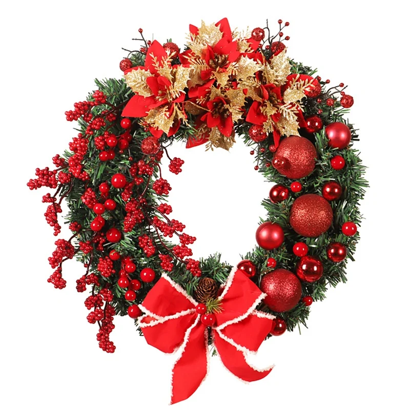 

Artificial Christmas Flower Berries Wreath with Ball Pine Cone for Front Door Wall Window Farmhouse Home Decoration