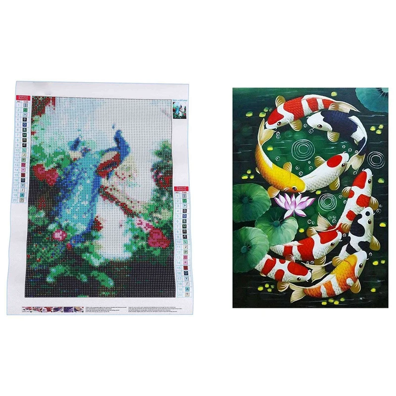 

2 Set 5D Art Diamond Painting Full Diamond Cross Stitch Kits Embroidery Home Decors,Peacock & Koi