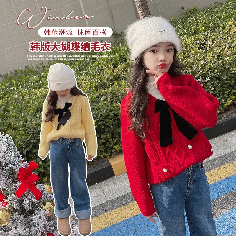 

Girls big bow sweater autumn and winter 2021 foreign style children's knit sweater big children's bottoming shirt Christmas