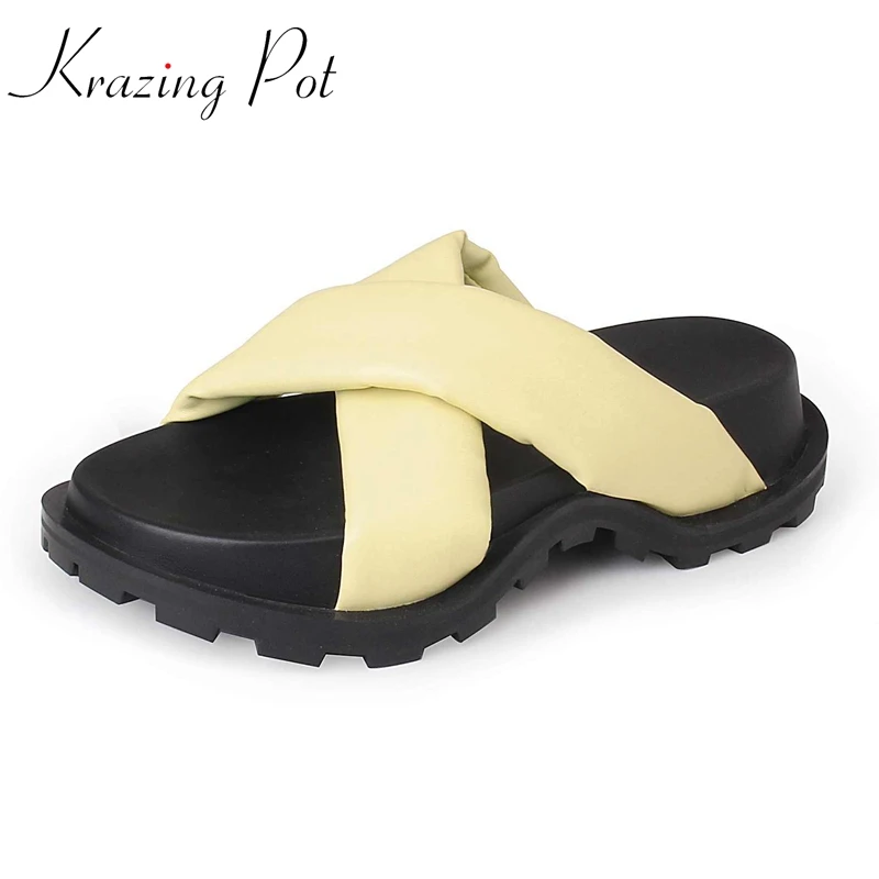 

Krazing Pot Microfiber Peep Toe Thick Bottom Platform Slides High Street Fashion Leisure Cozy Basic Women Outside Slippers L8f1