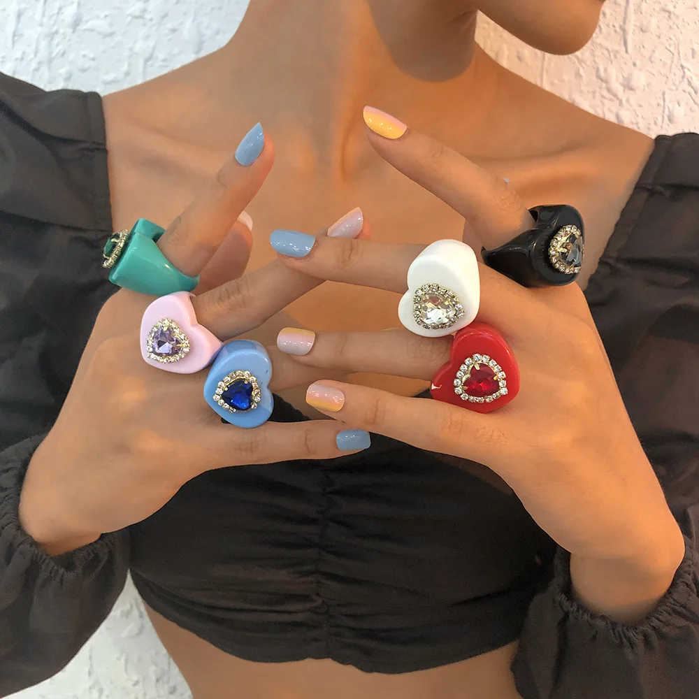 

IngeSight.Z Acrylic Colorful Heart Rhinestone Resin Finger Rings for Women Girls 2022 Vintag Friends Couple Rings Jewelry Gift