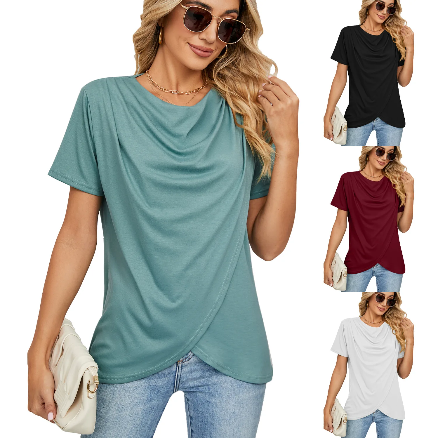 

2023 Sexy Slim T Shirt Women Tshirt Crew Neck Short Sleeve Solid Color Cross Tops Women Causal Loose Tshirts