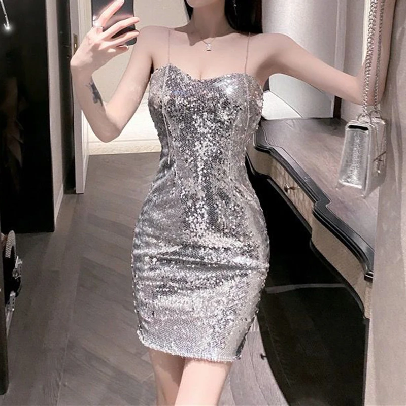 

Sequin dress for women's autumn and winter meeting feeling short skirt pure desire backless sexy buttock dress