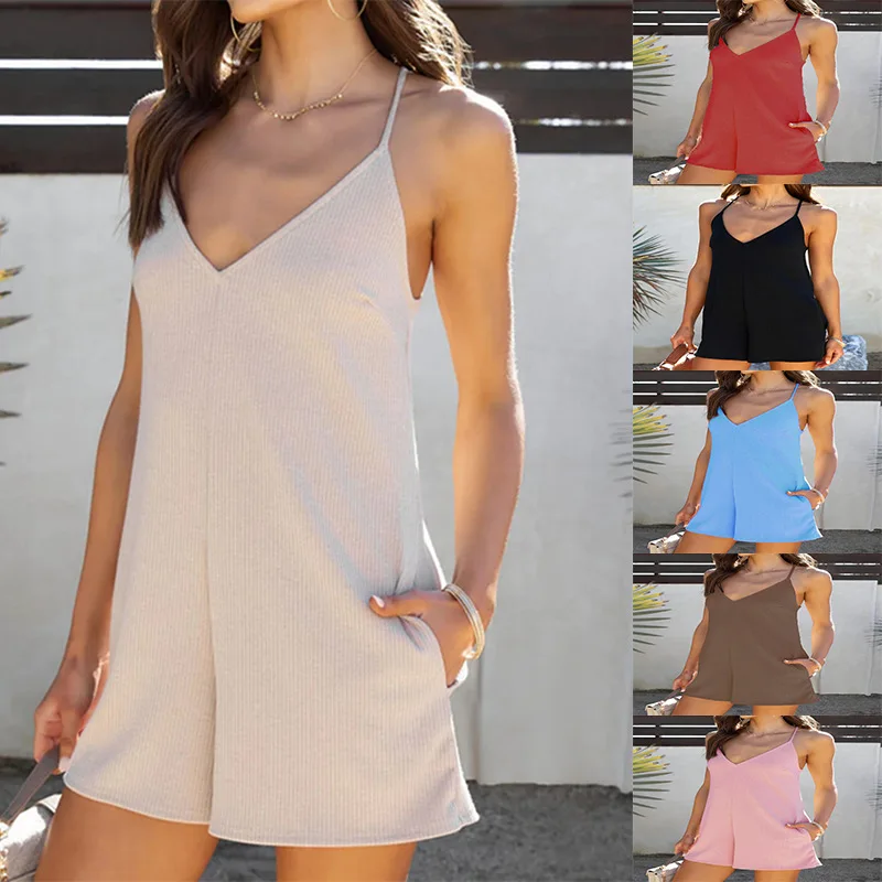 

2023 Summer New Strap Adjustable Pocket Casual Loose Bodysuit Shorts