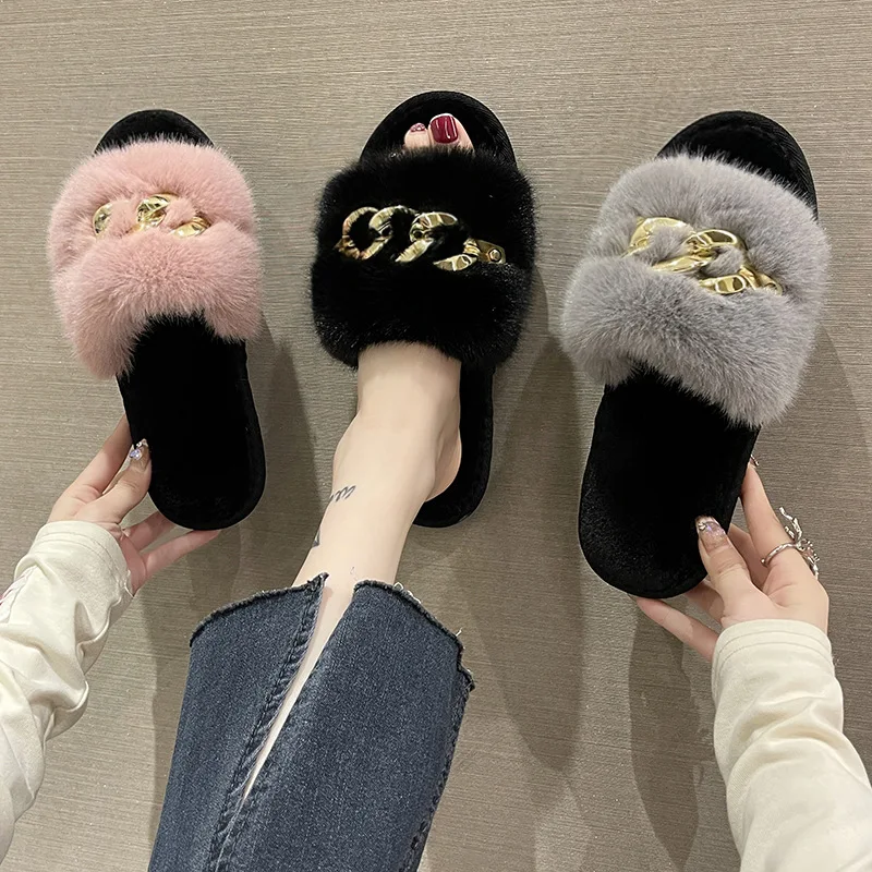 Casual outdoor plush shoes fashion flat-bottomed rhinestone plush slippers women size 43 women shoes Slippers Flat with