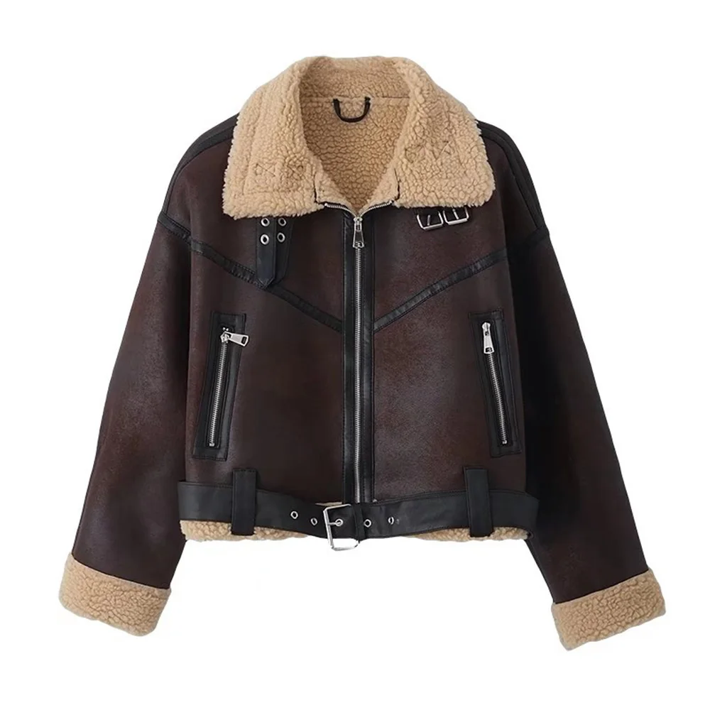 

PB&ZA Women 2022 New Fashion Fur In One Lambswool Cropped Jacket Coat Vintage Long Sleeve Zipper Female Outerwear Overshirt