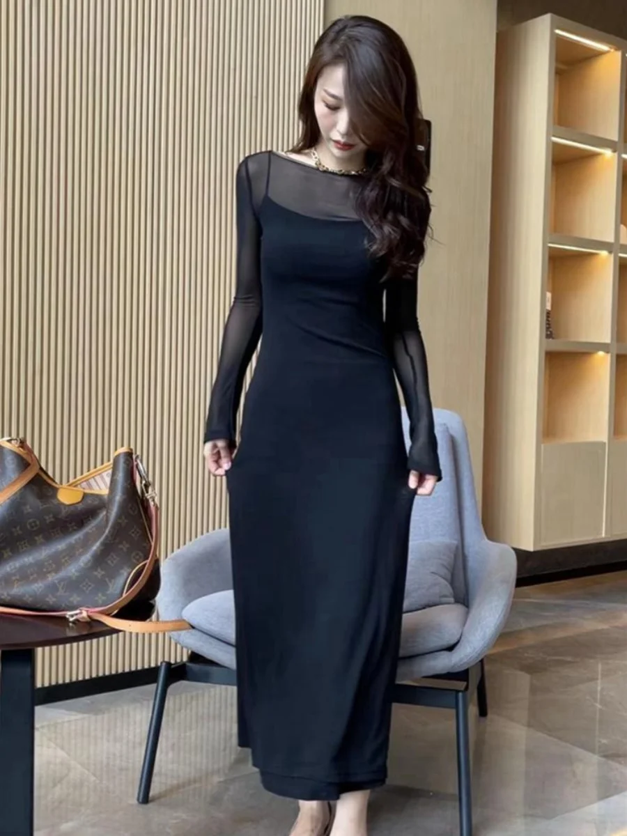 Plus Size French sle High-Grade Royal Sister Square Collar Sling One-piece Dress set Autumn and Winter Slimming Mesh Cover up...