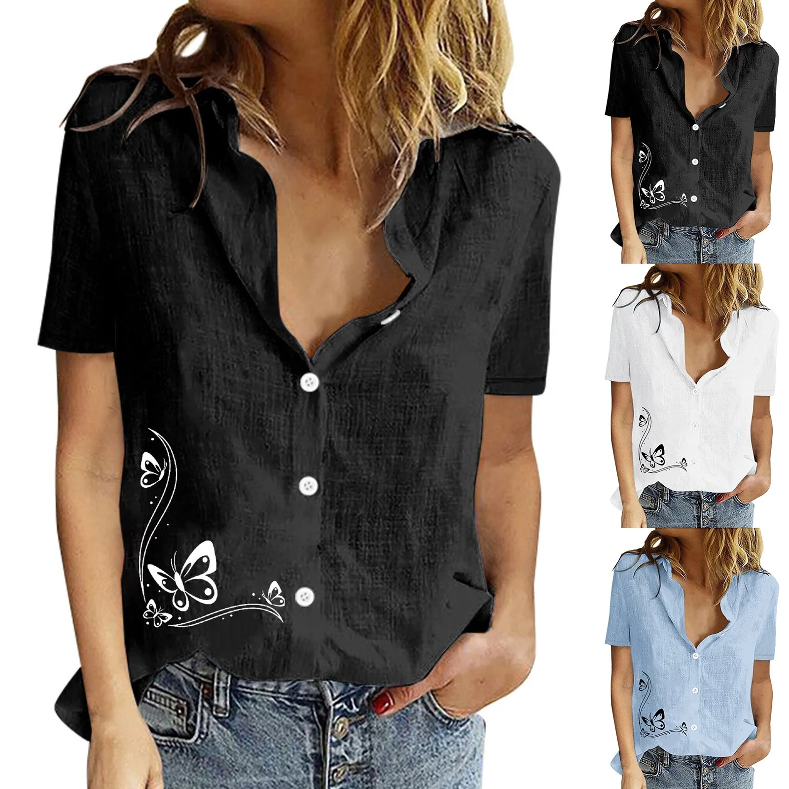 

Plus Size Button Shirt For Women Ladies Cotton Casual Loose Personality Printed Lapel Short Sleeve Oversized Tees Blouse Camisa