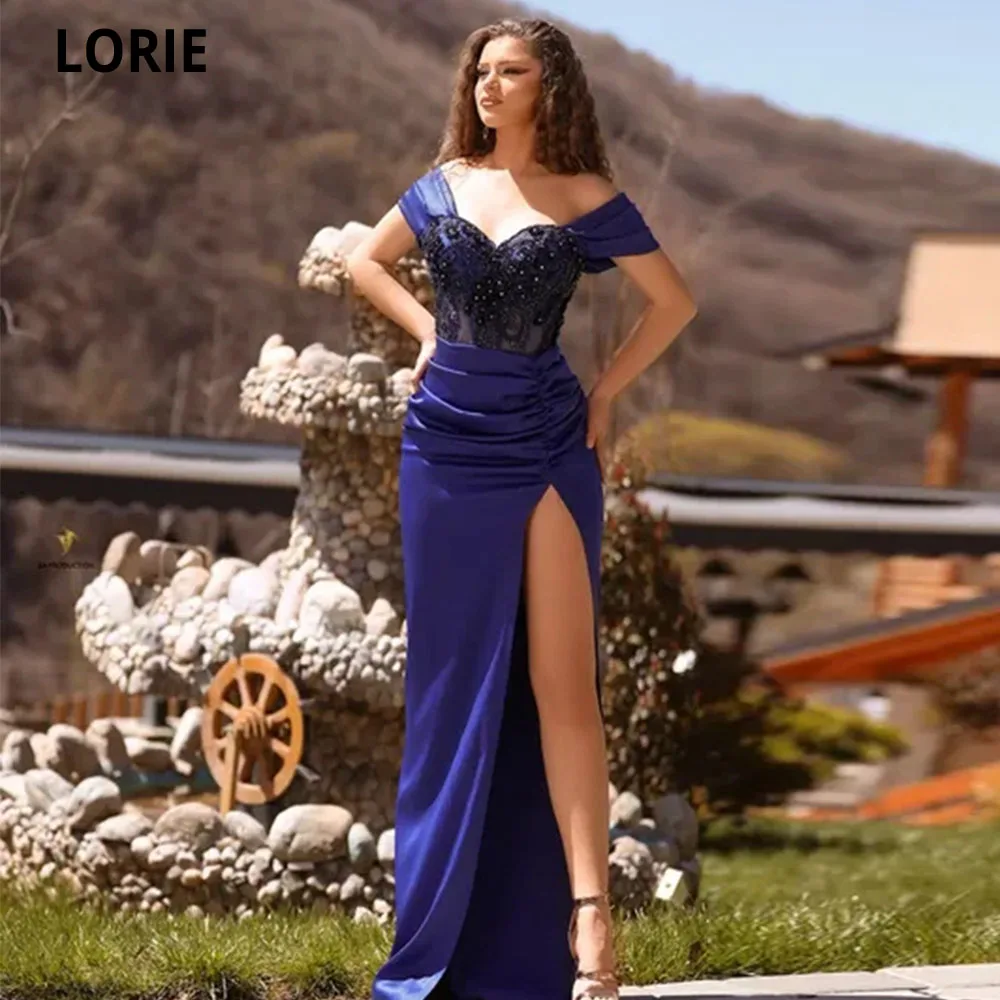 

LORIE Modern Silk Satin Prom Dresses 2022 Sleeveless Luxury Beaded Floor Length Mermaid Evening Dress Women Formal Blue Gown