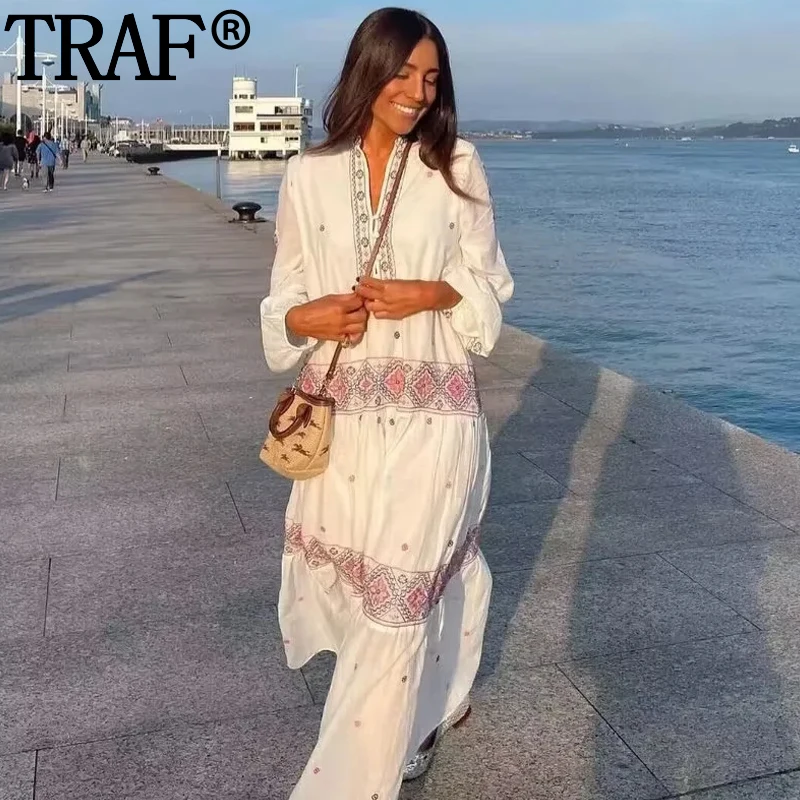 

TRAF Embroidery Long Dresses For Women 2023 Summer Long Sleeve Women's Elegant Loose Dresses Boho African Dresses For Woman