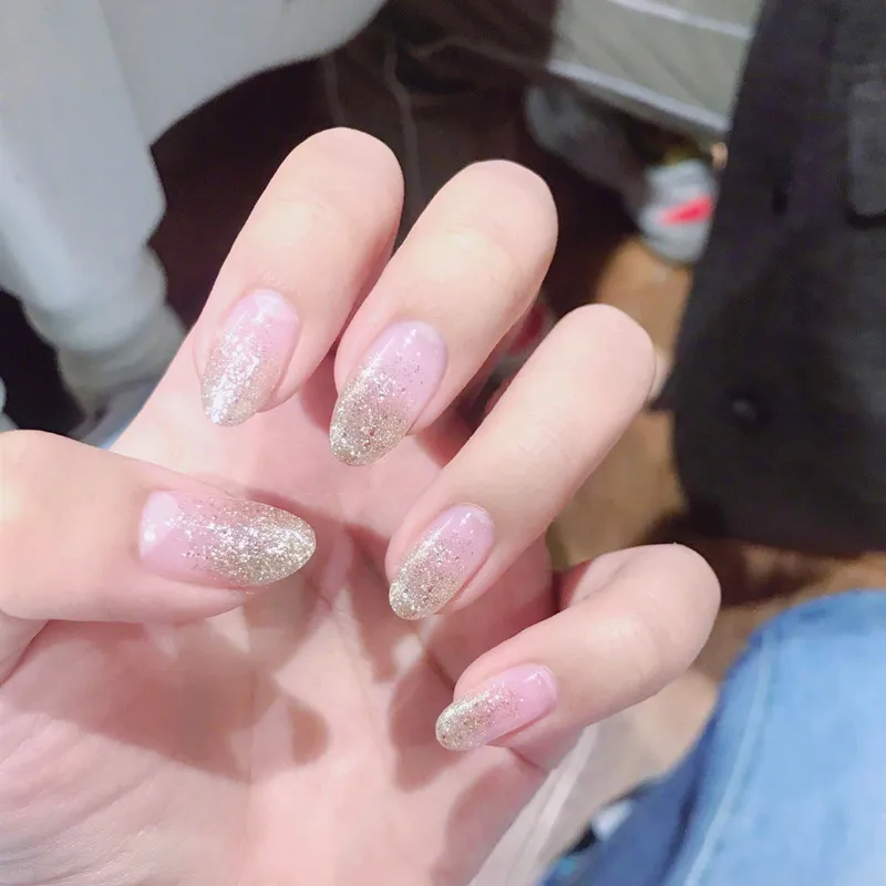 Round gradual shining sliver pure color false nails 24pcs bride cute fake nails middle-long size lady full nail tips