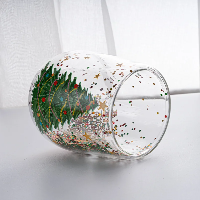 Christmas Double Wall Glass Cup Heat-resistant Water Tree Snowman Pattern Juice Tea Milk Coffee Mug Xmas Gift