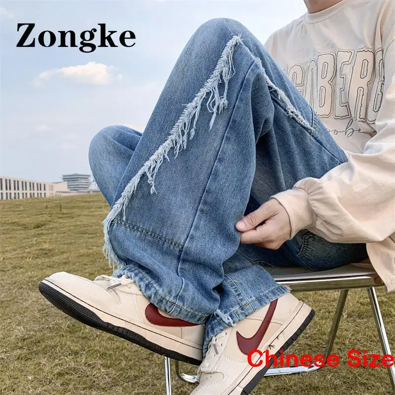 

Однотонные прямые джинсы Zongke для мужчин, женская одежда, мужские джинсы, уличная одежда, китайский Размер 2XL, весна 2023, Новое поступление