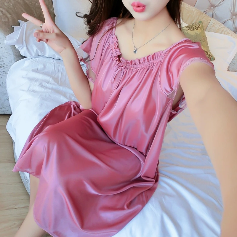 Женская летняя кружевная шелковая ночная рубашка с коротким рукавом свободная