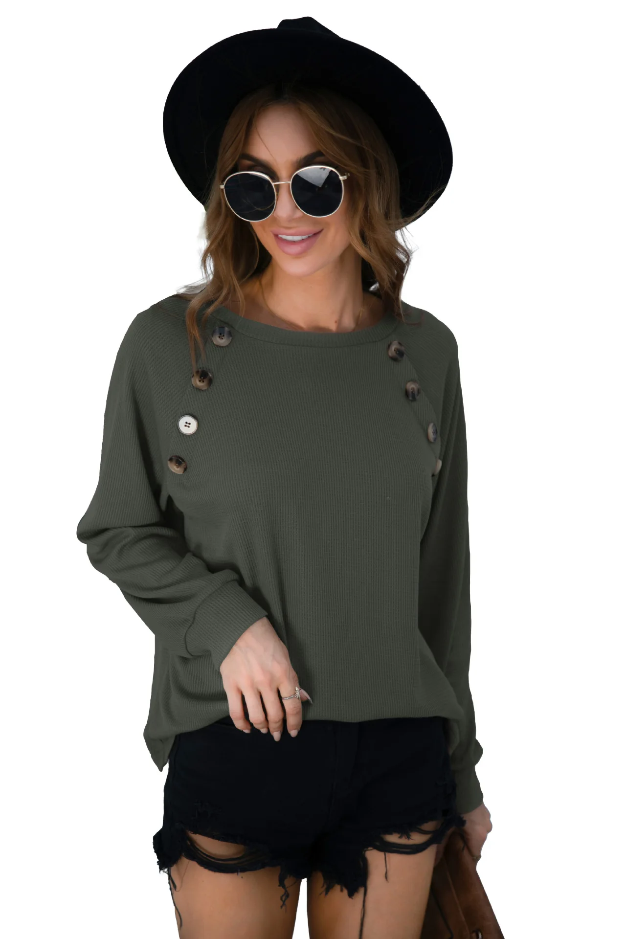 

The New Fall/Winter 2022 Women's Casual Long-sleeved Knitwear With Round Collar Buttons In Solid Color