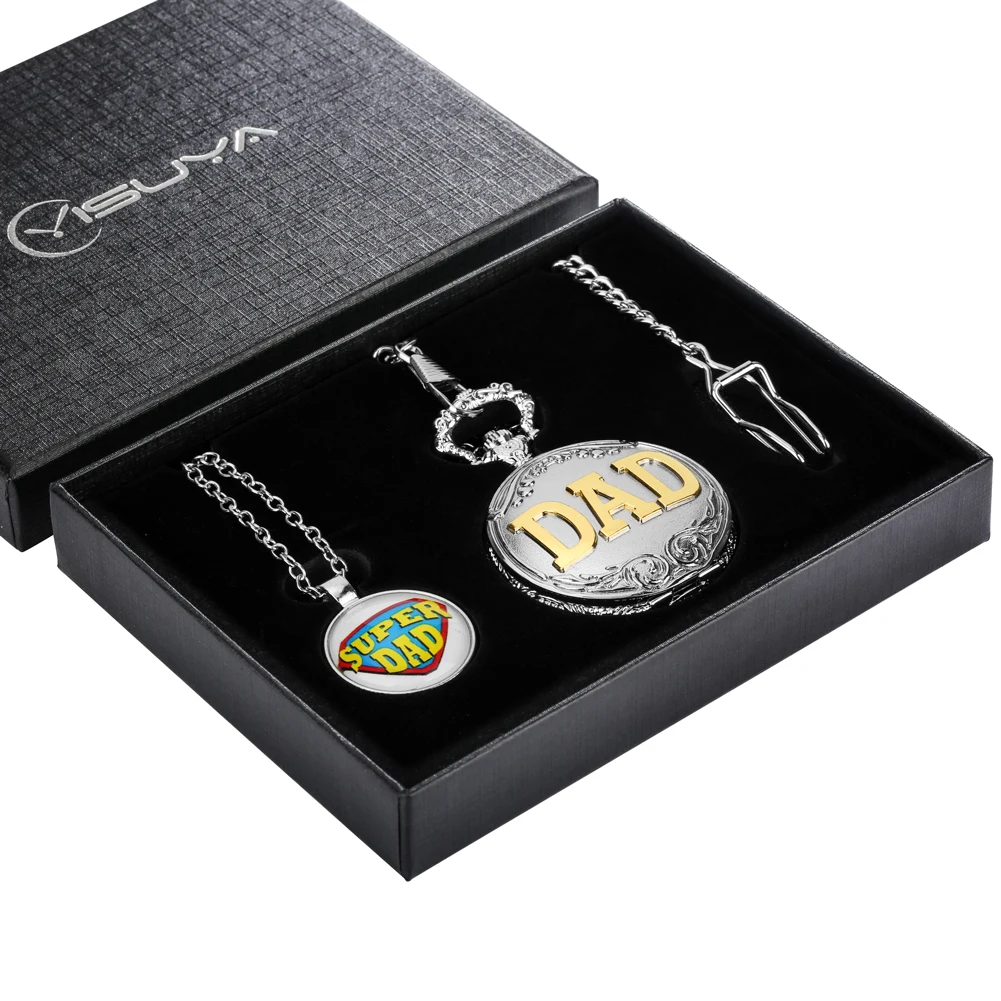 Meaningful Father's Day Gift Exquisite Silver Quartz Pocket Watch Set Gift Box Pendant Super Dad Necklace Waist Chain Clock Gift