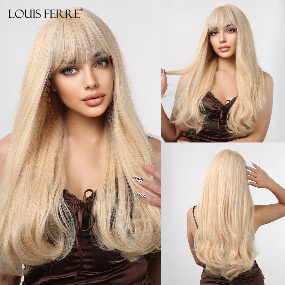 

Длинные Синтетические парики LOUIS FERRE для женщин, светлые натуральные волнистые волосы с челкой, термостойкие искусственные волосы для ежедн...