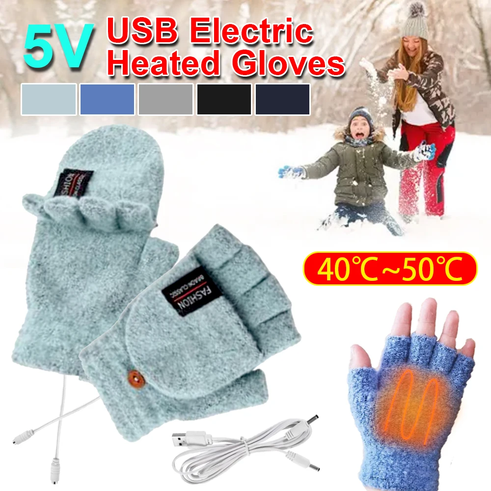 

USB Electric Heated Gloves Convertible Fingerless Glove Knitted Mittens Adjustable Heating Gloves For Motorcycle Cycling Skiing
