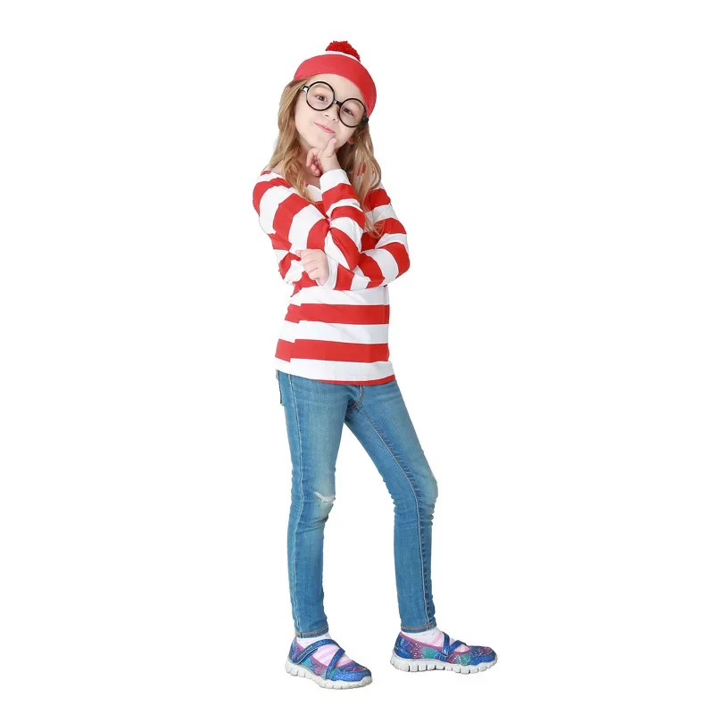 Фото Костюм для косплея Chlid Wally Waldo, рубашка в белую и красную полоску для девочек, наряд ко Дню книги мира, нарядное платье №1