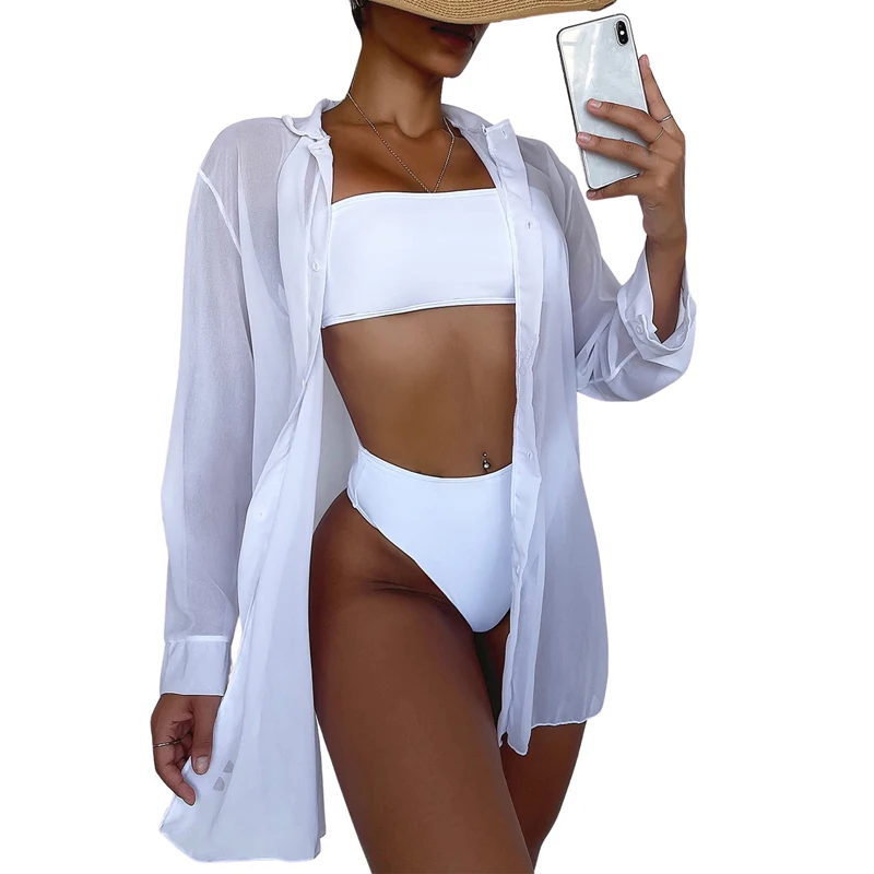 

Women's Beach Cover Ups Solid Color Long Sleeve Turn-Down Collar Slit See-through Button Down Bikini Smock