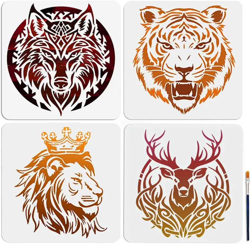 

Набор Из 4 Трафаретов С Животными — Волк, Тигр, Лев, Олень, Размеры 11,8x11,8 Дюймов С Кистью Для Рисования
