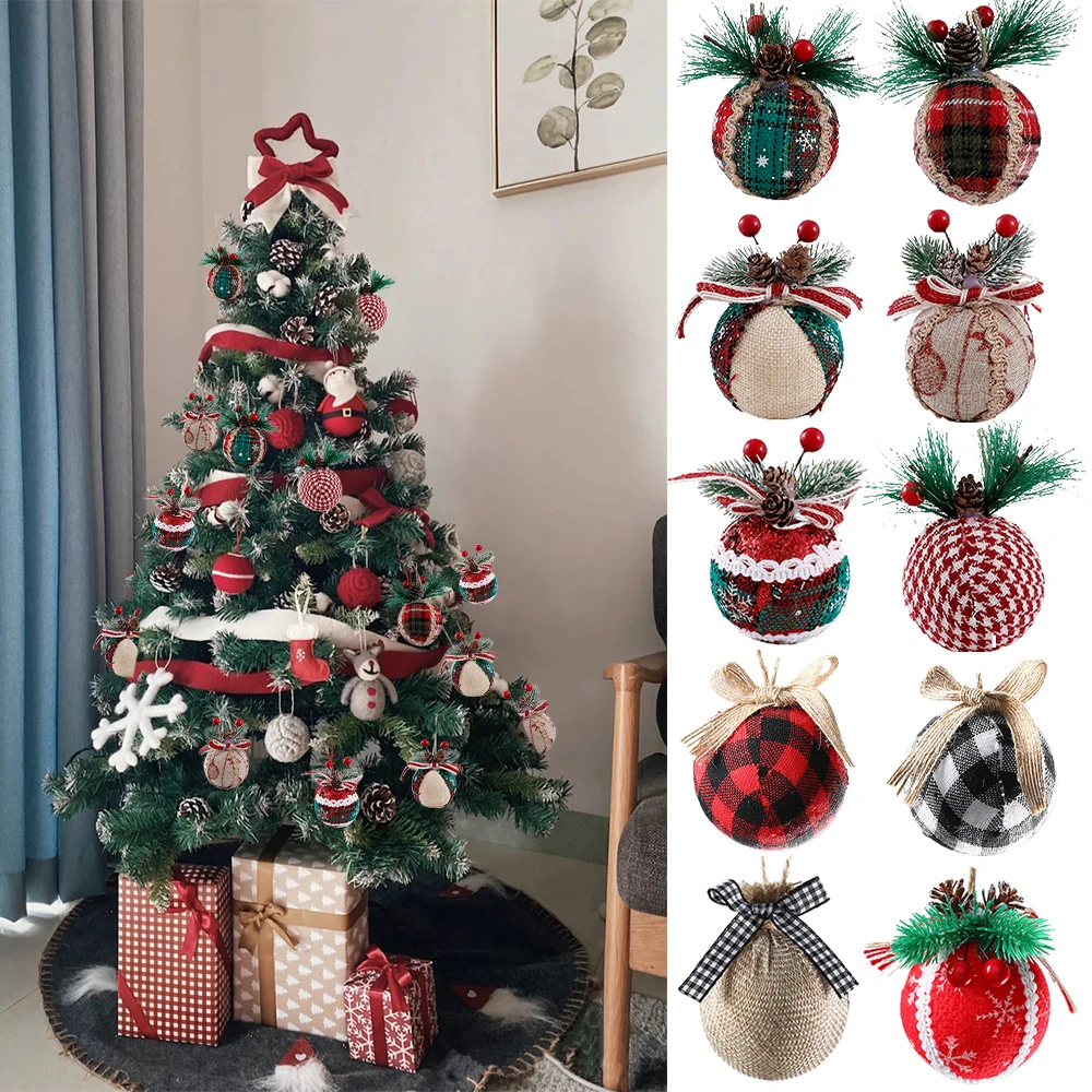 

8/16pcs 6cm Christmas Ball Red Green Plaid Knit Ball with Pine Cones Hanging Ornament for Xmas Tree Ball Decorations Navidad