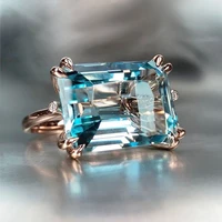fashion rose solitaire 4 claw blue rings for women romantic rectangular glass filled ring wedding rings anniversary jewelry