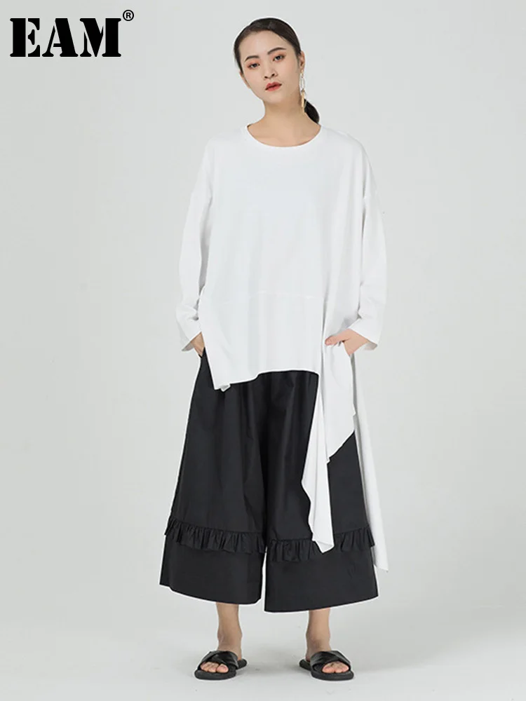 

[EAM] Women Irregular White Big Size Casual T-shirt New Round Neck Long Sleeve Fashion Tide Spring Autumn 2022 1DE7590