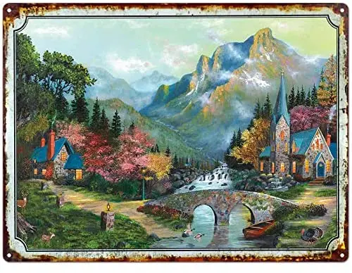 

Adventure Awaits Tin Sign Poster with Canoe Boat on Forest and Mountains Landscape Vintage Metal Tin Sign