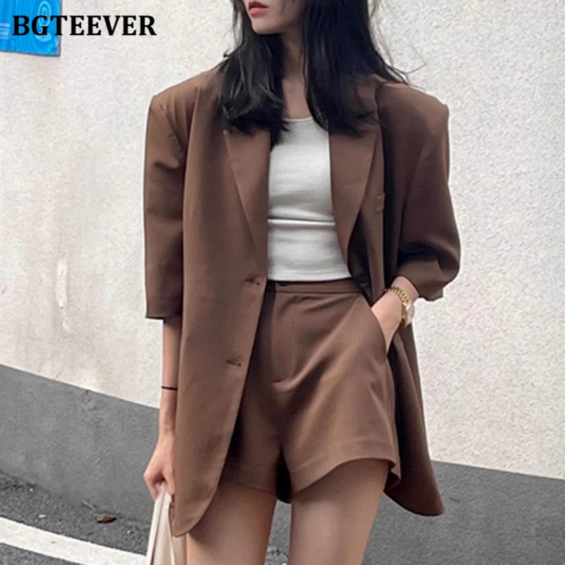

BGTEEVER шикарный стильный женский комплект из 2 предметов пиджак с коротким рукавом однобортный пиджак и шорты с широкими штанинами летние женские наряды