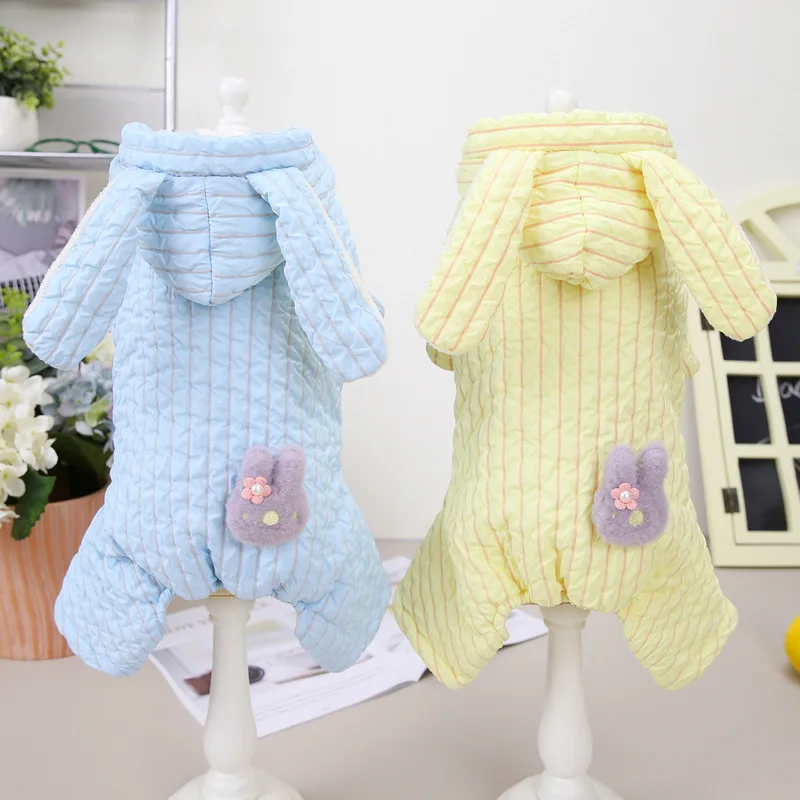 

Striped Design Dogs Autumn and Winter Clothing Newest Four-Legged Cotton-Padded Clothes for Pets Blue Yellow Colors Dog Overalls