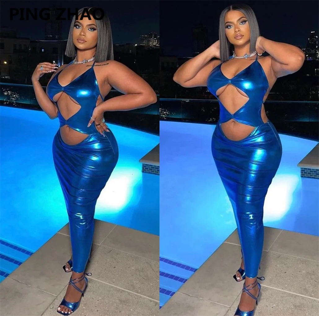 

PING ZHAO Summer Gilding Maxi Dress Women Sexy Hollow Out V Neck Halter Backless Bodycon Night Clubwear Party Long Robe