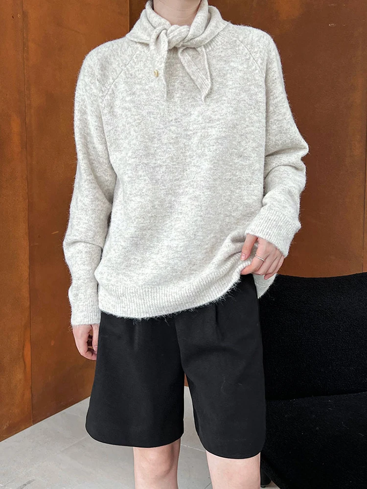 Серый элегантный вязаный свитер большого размера водолазка с длинным рукавом