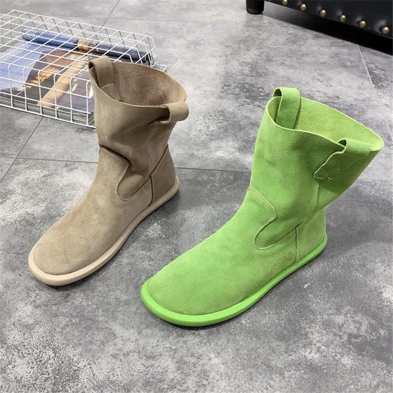 Retro Fashion Nubuck Leather Casual Flat Ladies Single Boots Spring and Autumn Set Feet Solid Color Long Tube Motorcycle Boots