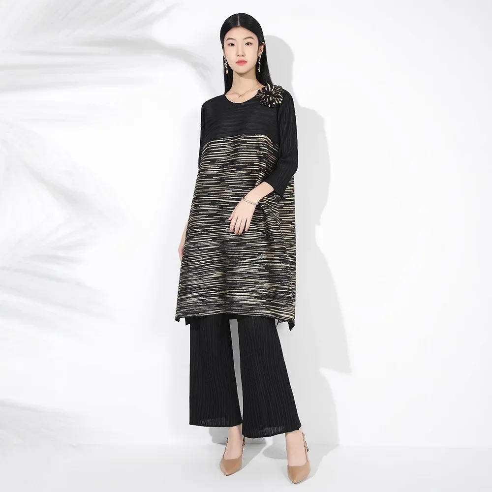 Miyake плиссированный костюм женский осенний новый высококачественный бронзовый