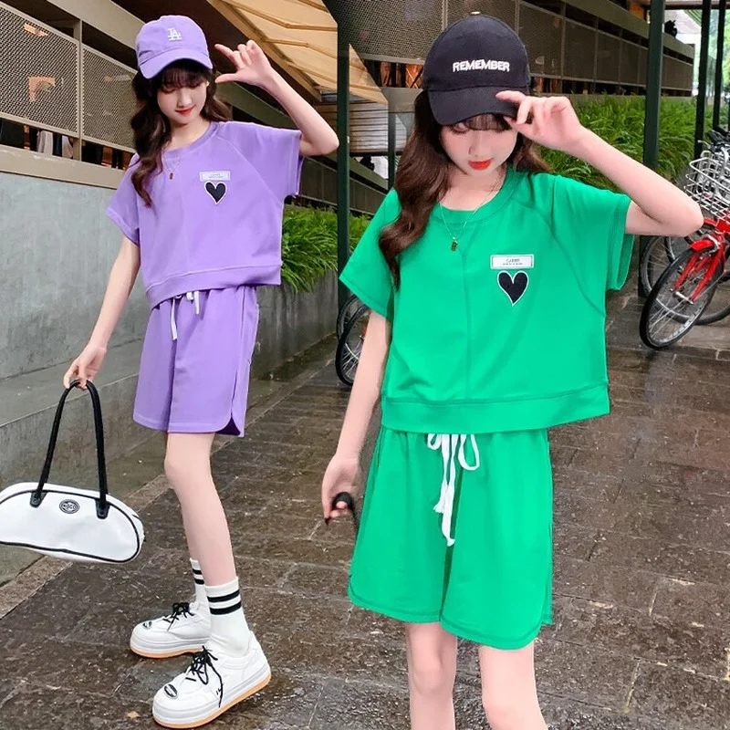 

Summer Girl Summer Cotton Suit New Fashionable Foreign Girl Sports And Leisure Girl big Boy Short-Sleeved Shorts Two-Piece Set