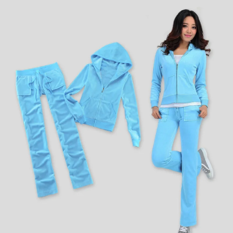 

Spring / Fall/ 2022 Women's Brand Velvet fabric Tracksuits Solid color Velour suit women Track suit Hoodies and Pants sapphire