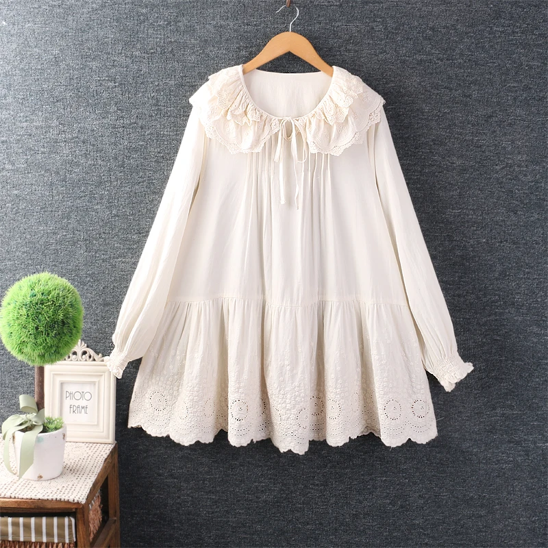 

Spring New Sweet Japan style Double-layer collar blouse shirt tops long sleeve embroidery cotton tops Duobao0202-02