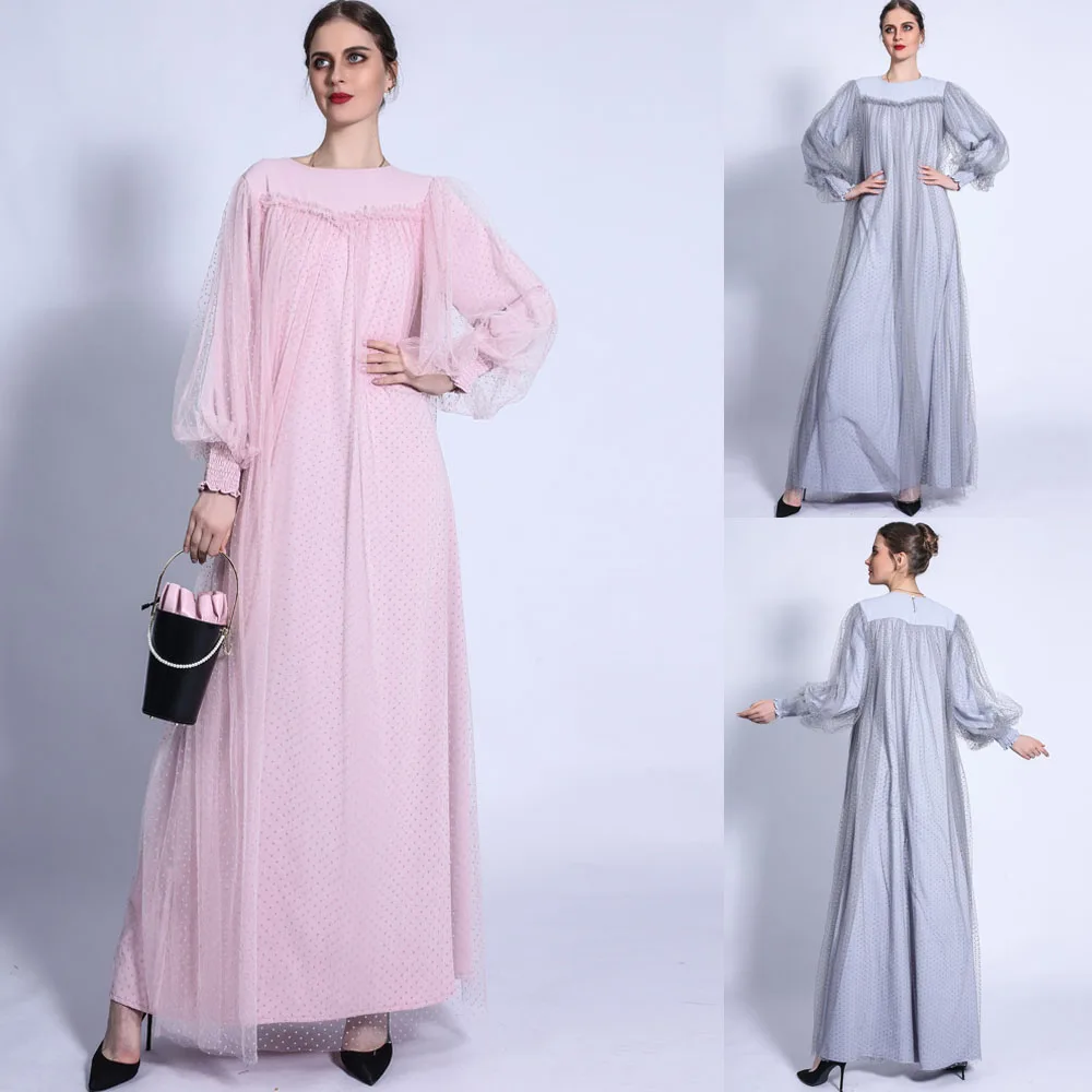 

Women's Dress Elegant Mesh Patchwork Puff Sleeve Dress Solid Polka Dot Party Dresses Fashion Casual Muslim Maxi Robe Malaysia