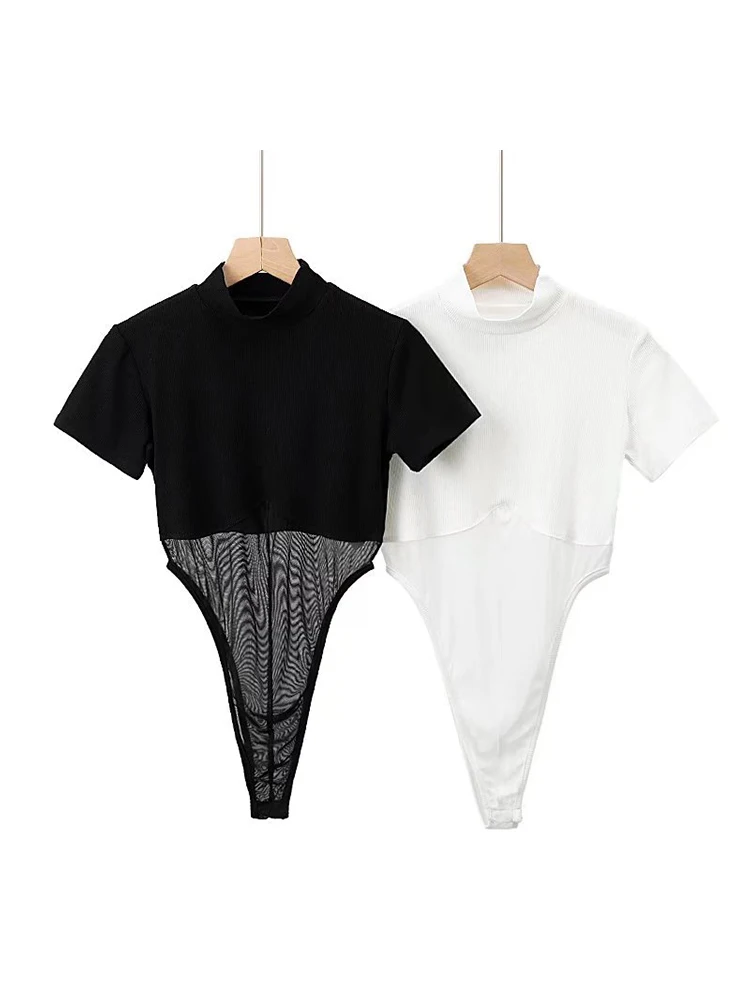 

Women Sexy Mesh Spliced White Bodysuits Summer Short Sleeve Turtleneck Knitted Elastic Slim Black Bodysuit 2022