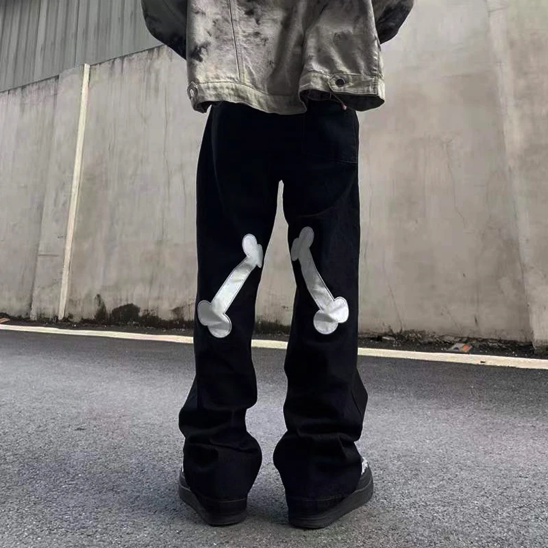 Skeleton Embroidery Printed Gothic Trend Fashion Goth Hip Hop S-3XL Y2K Streetwear Black Baggy Jeans Straight Trousers Jeans Man