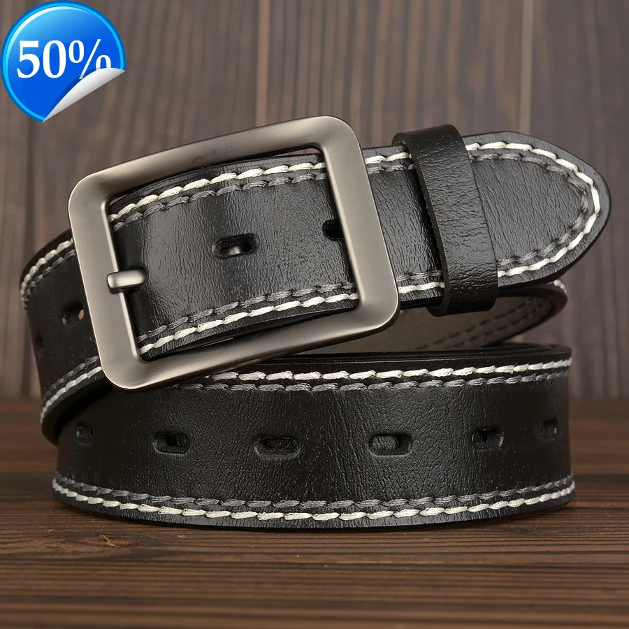 3.8CM Fashion Men Belts Genuine Leather Luxury Designer Vintage Thread Waist Belt For Jeans Cinturon Cowboy Hombre Dropshipping