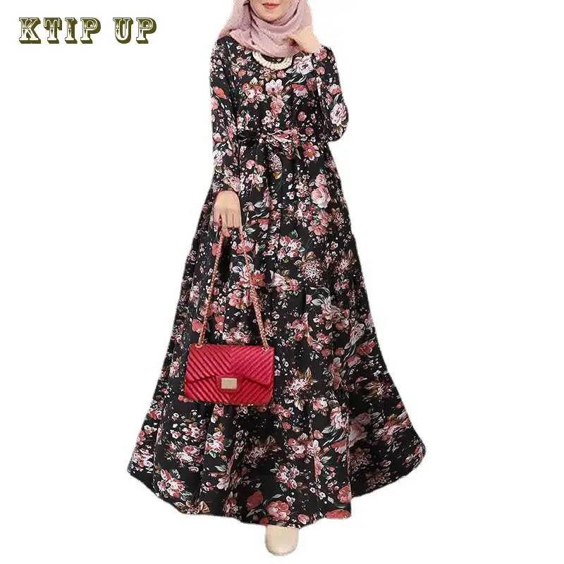 

Muslim Women Dress Big Swing Abayas Caftan Turkey Floral Print Sundress O-neck Loose Party Evening Gown Islamic Burqa Clothes