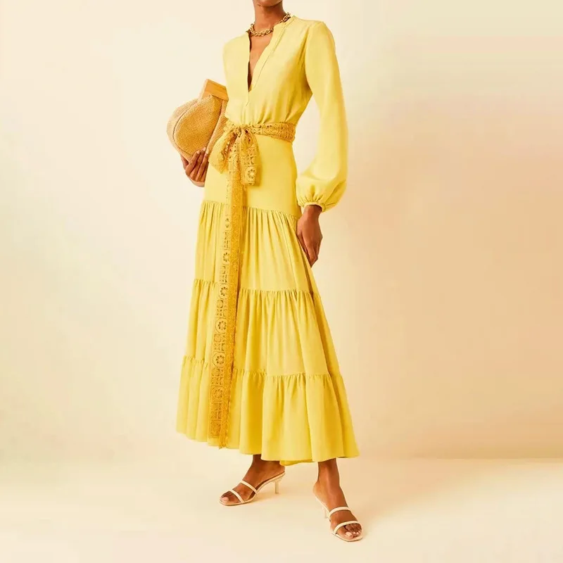 

French solid color retro Long dress 2022 spring personality lantern sleeve V-neck high waist tie stitching large swing dress