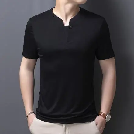 

Летняя мужская футболка с коротким рукавом, новинка, однотонная Удобная Повседневная футболка с V-образным вырезом