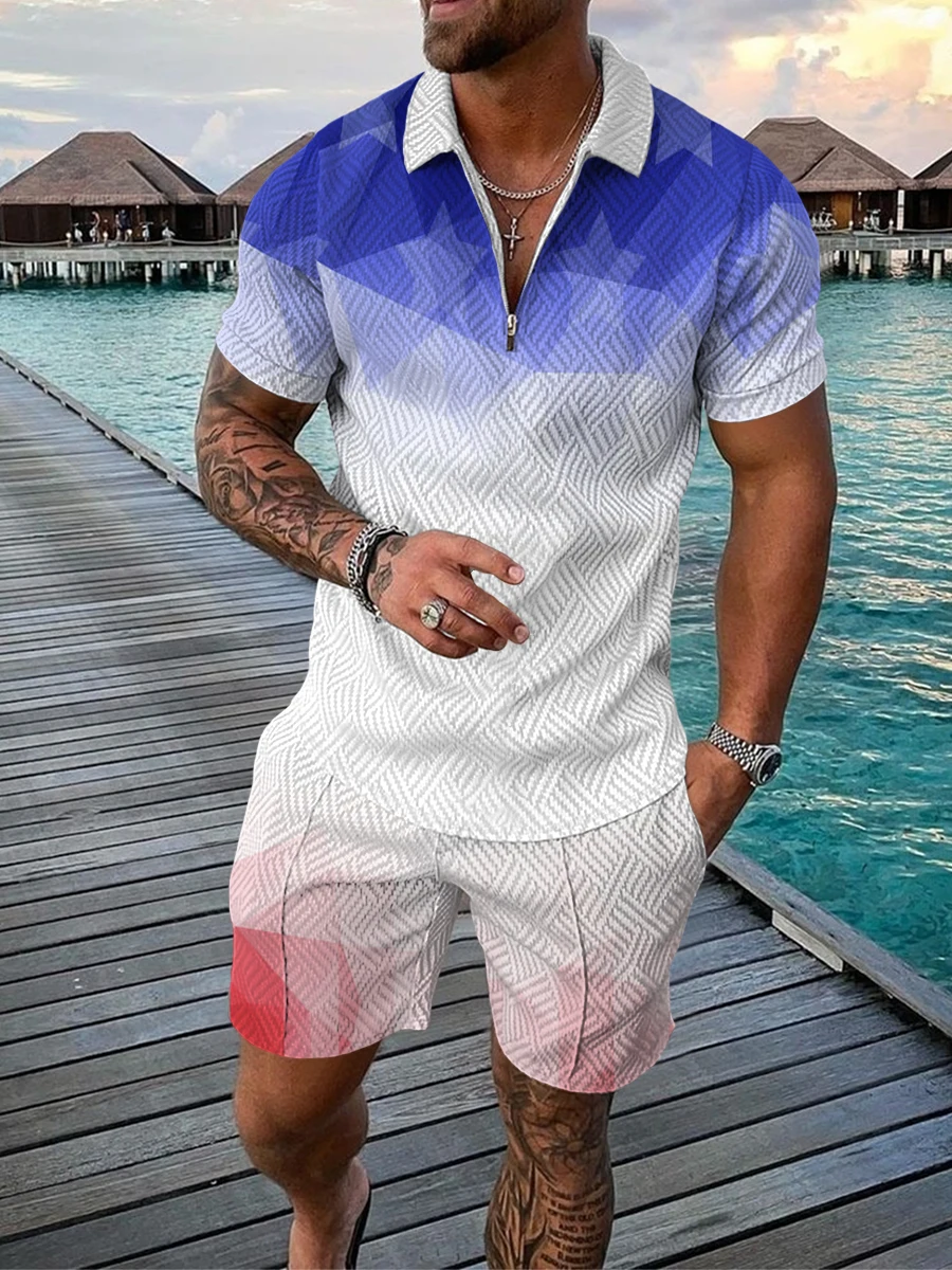 2023 New Summer Men's Shorts Set Short Sleeve Zip Polo Shirt Street T-shirt Two Piece Casual Sportswear