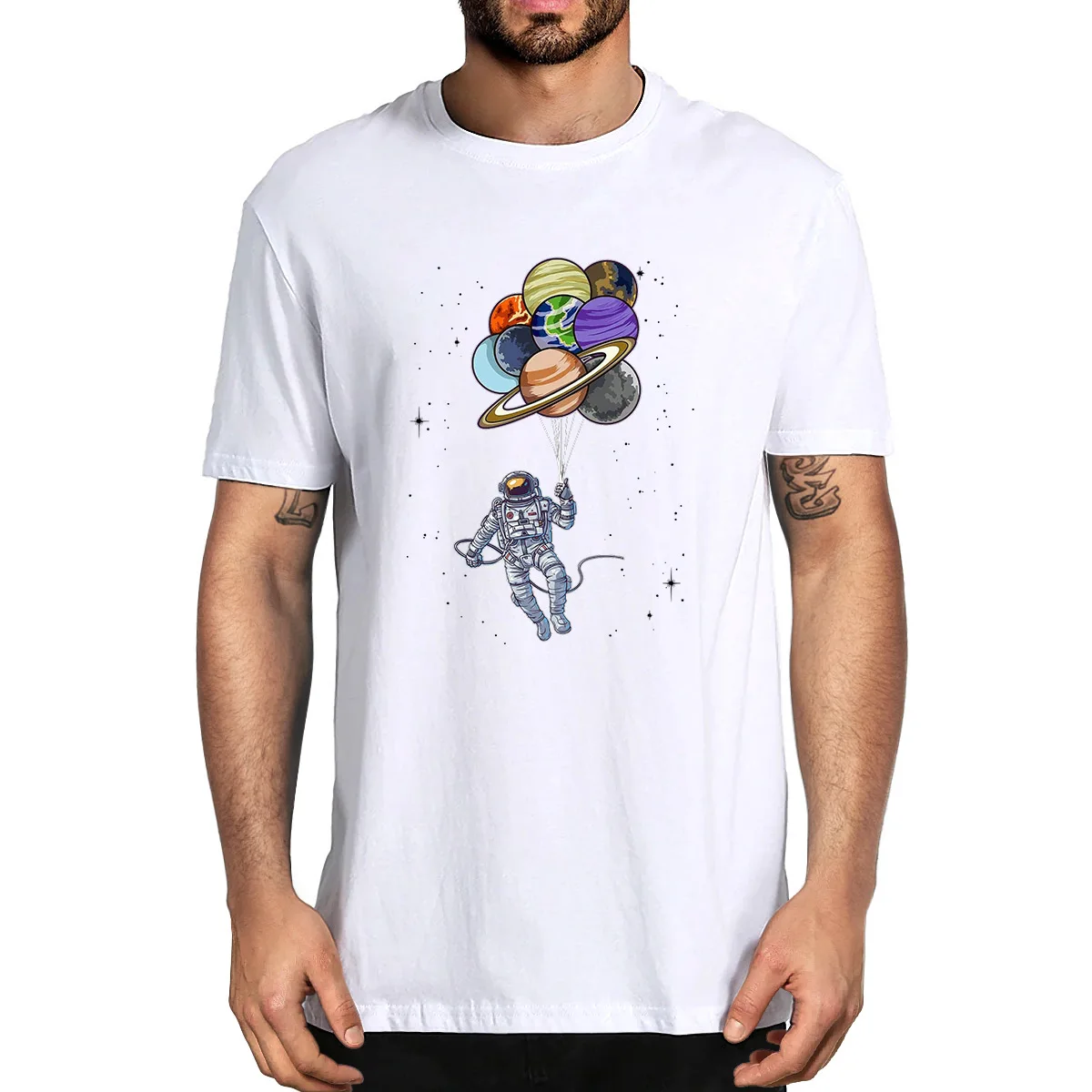 

Unisex Cotton Funny Astronaut Holding Planet Balloons Solar System Space Gifts Summer Men's Short Sleeve Novelty T-Shirt Women