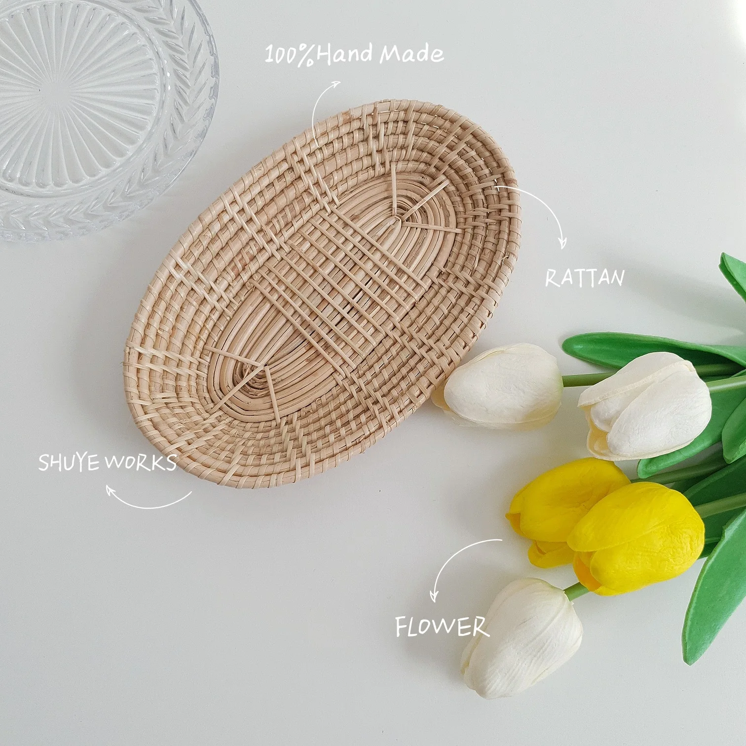 

Rattan Woven Storage Tray Bread Fruit Snacks Storage Basket Knife Forks Sundries Basket Breakfast Display Tray Home Decoration